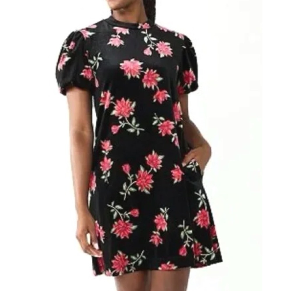 DRAPER JAMES Stretch Velvet Shift Dress BLACK w/RED FLOWERS Cocktail Party XXL